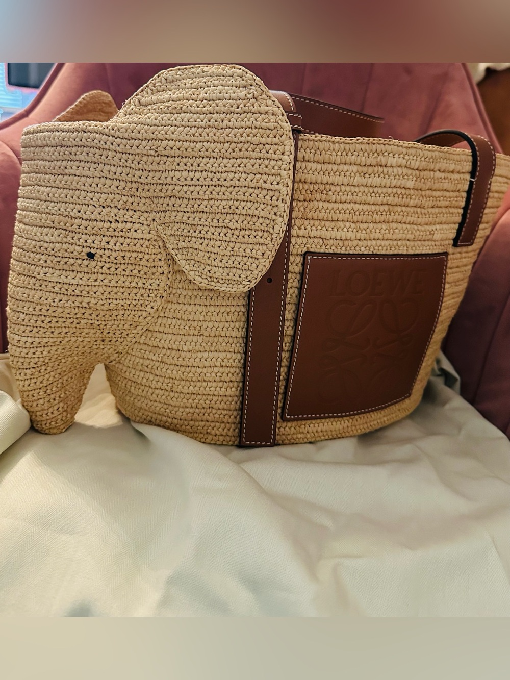 Loewe Cute Straw Elephant Tote with Brown Leather Trim (NEW）